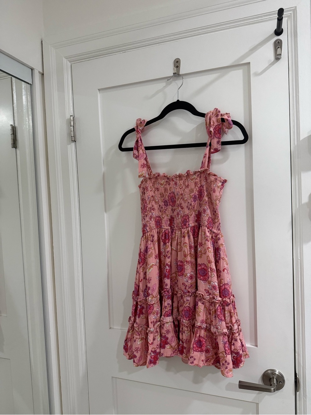 &merci Pink Floral Tie-Shoulder smocked bodice mini dress w/ ruffle accents